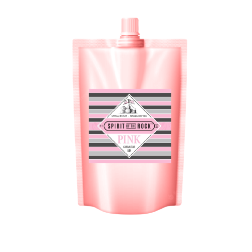 Pink gin pouch with a delicate rose design and the words "Spirit of the Rose" in elegant lettering.